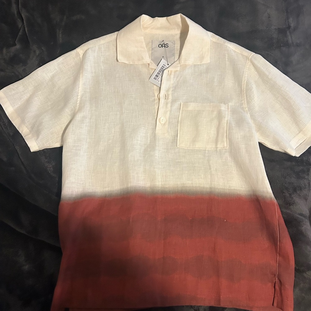 OAS Men's Cream and Red Vista Girona Linen Shirt NWT MSRP $148 Medium